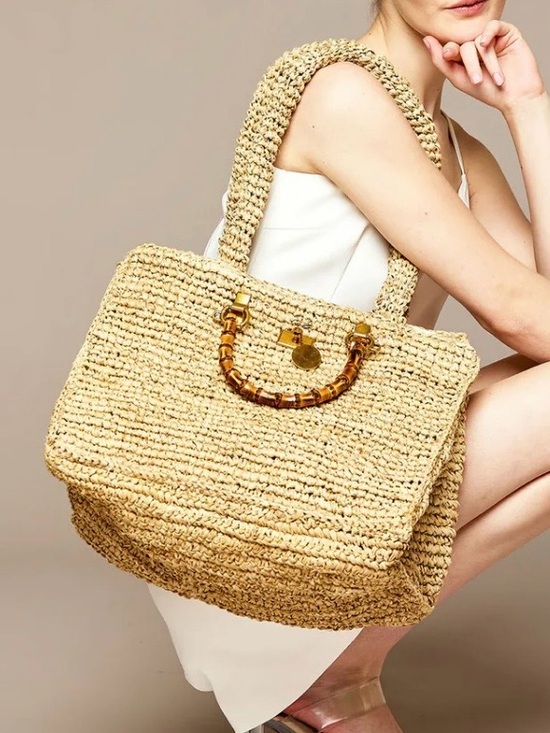 Mme Mink Handbags - Mme Mink Astrud Tote Woven Straw Shoulder Bag with Bamboo Handle - Natural